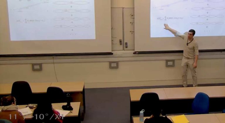 Teaching a Maths Methods 3 tutorial on Fourier analysis in a lecture theatre at Imperial College London